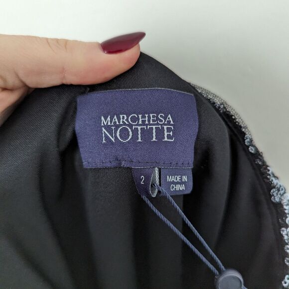 NWT Marchesa Notte grey black gunmetal sequin one shoulder wrap tea length dress - Picture 3 of 6